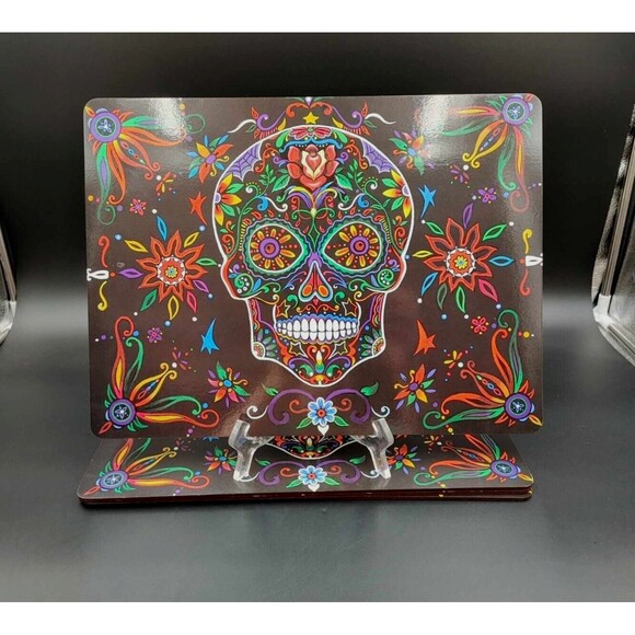 Sugar Skull Day of the Dead Cork Back Placemats Set of 4 Black Festive - Picture 2 of 8